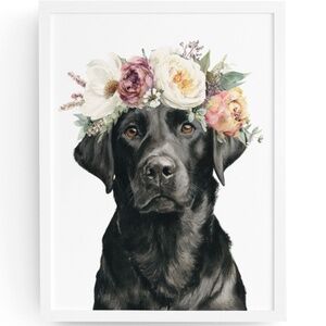 Watercolor Labrador Retriever with Flower Crown Portrait Wall Art Print Unframed